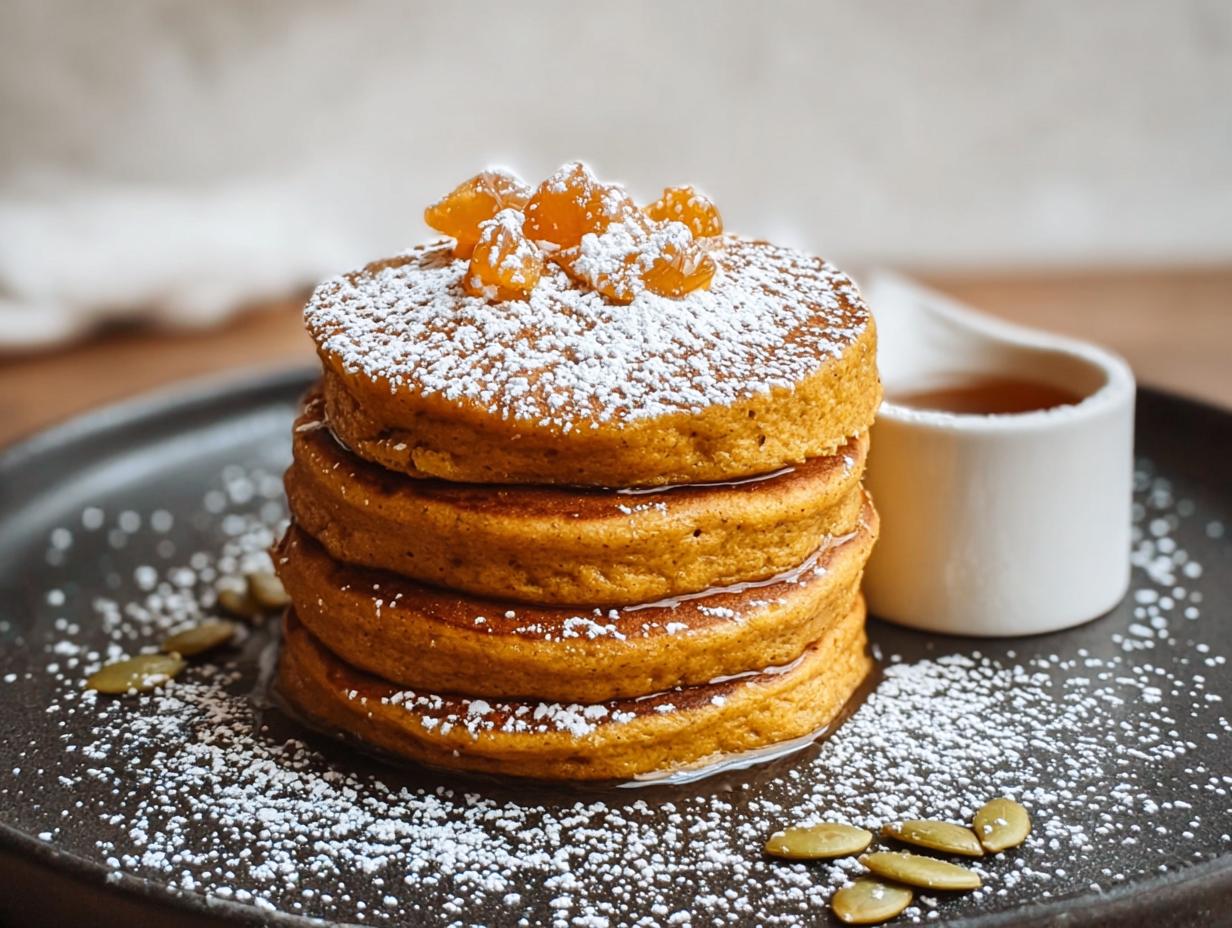 Buckwheat Pumpkin Pancakes - close-up of fluffy pancakes with syrup