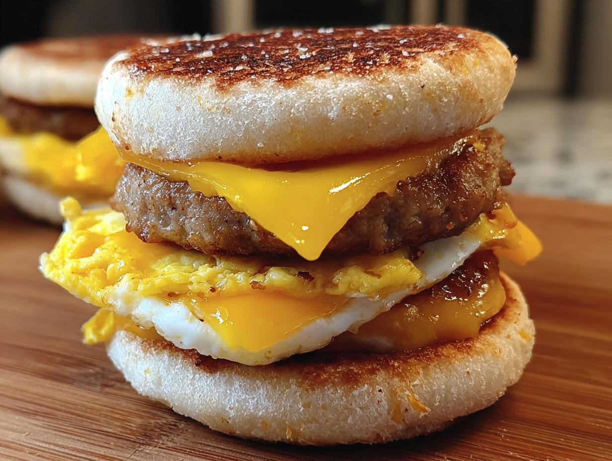 McDonalds Sausage Egg Cheese: 10 Min Fix - Mcdonalds Sausage Egg Cheese - close up of assembled sandwich