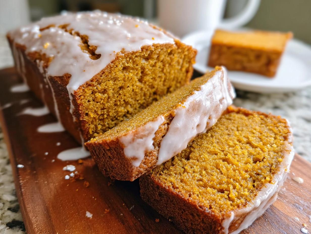 Pumpkin Bread Maple Glaze - close-up of the moist crumb and drizzled glaze