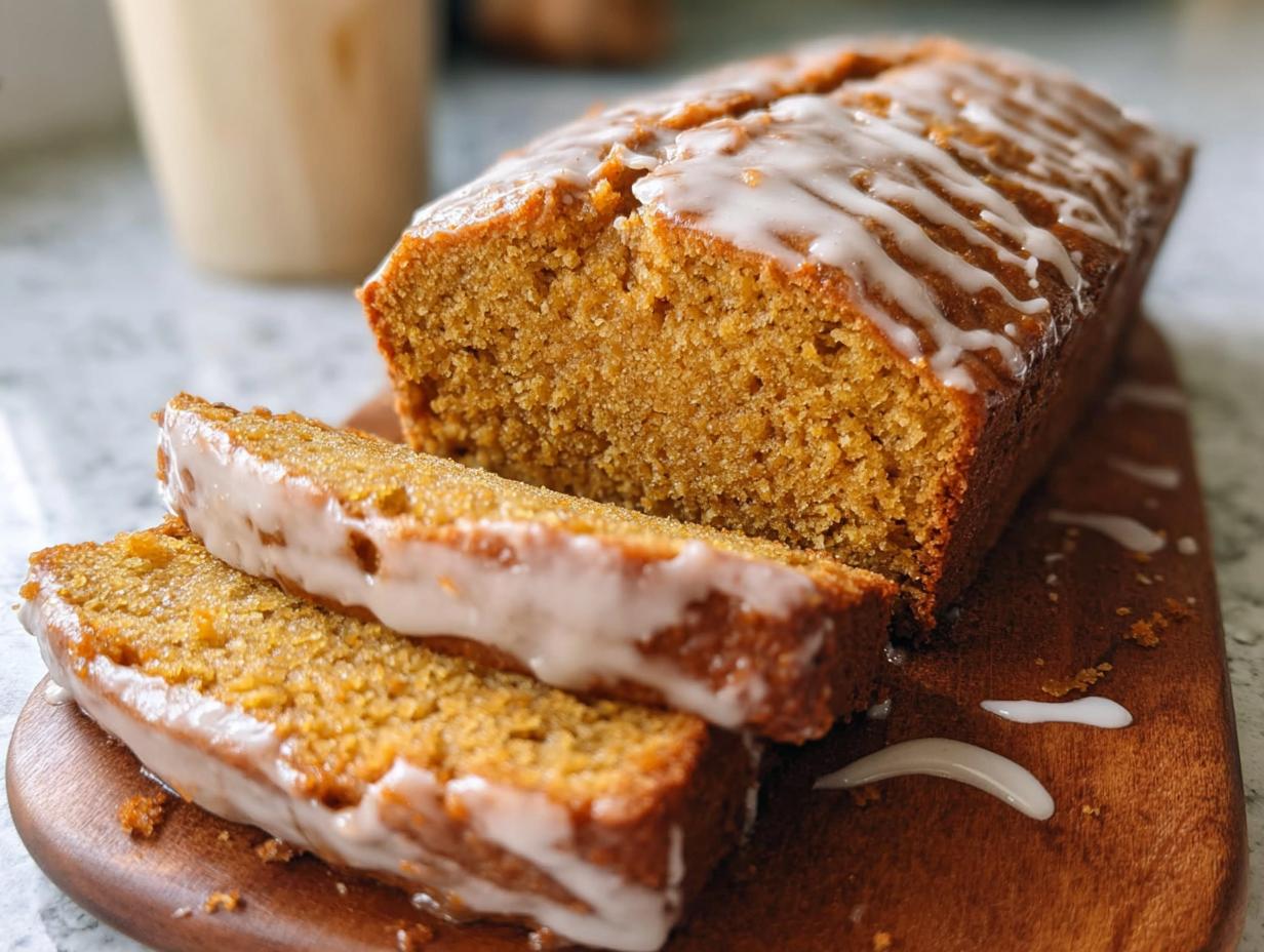Pumpkin Bread Maple Glaze - a slice of the bread with glaze dripping down