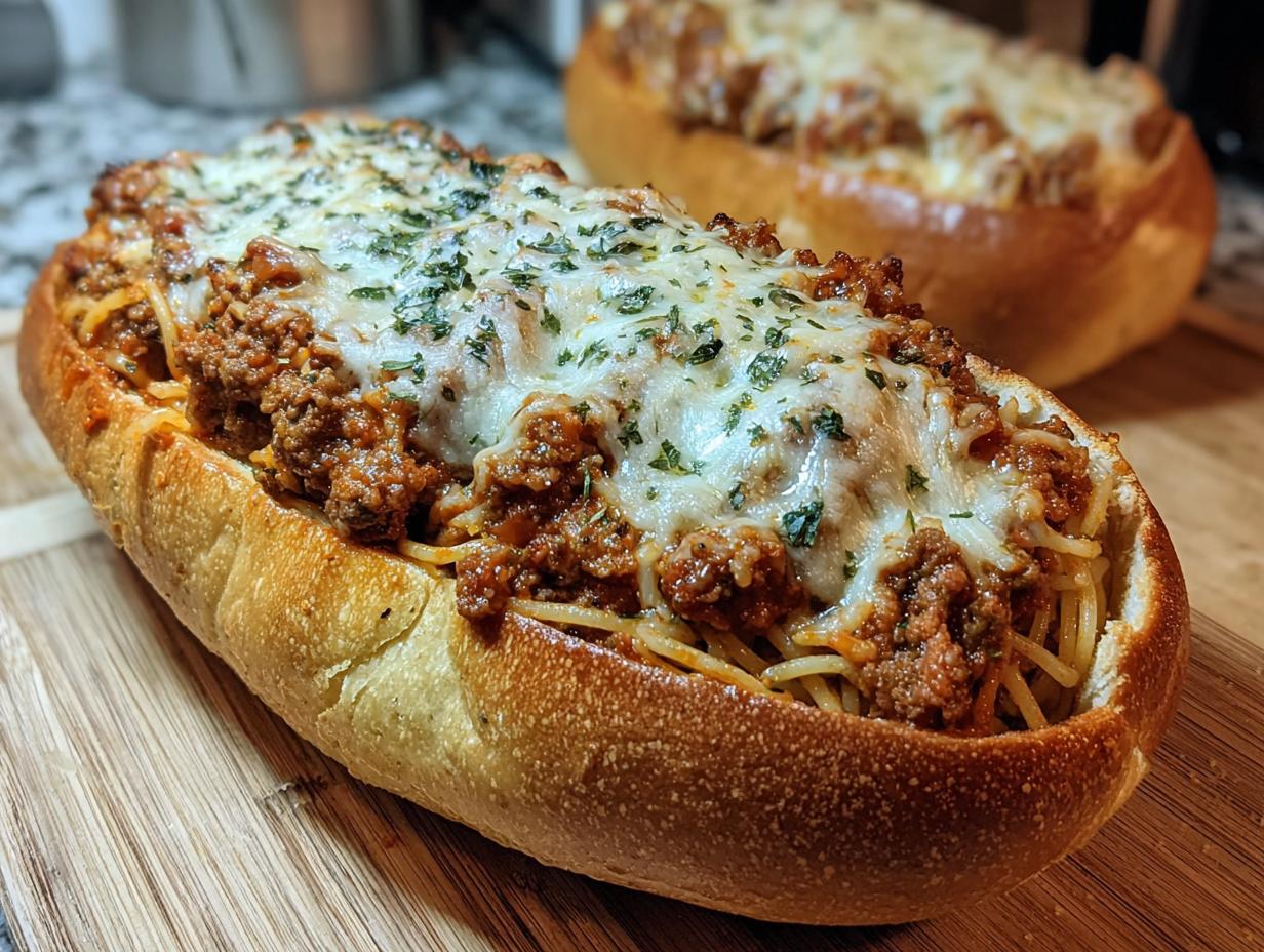 Stuffed Italian Bread Boat: Delicious meal - Stuffed Italian Bread Boat - additional detail