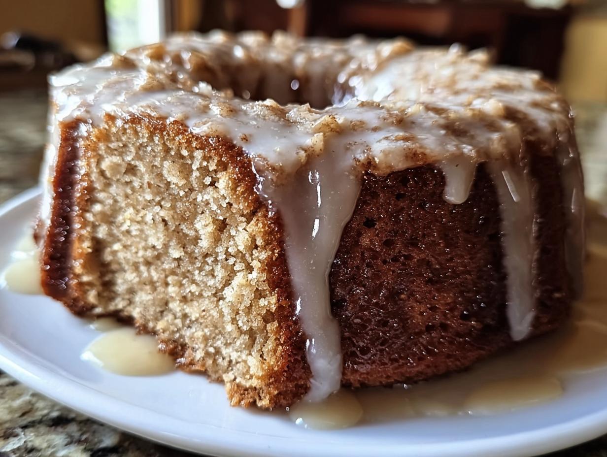 Close-up of glazed Amish Applesauce Cake slice