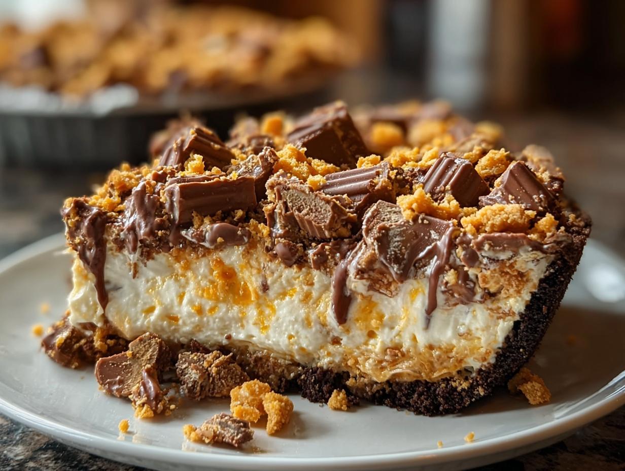 Amazing Butterfinger Pie Recipe - A slice of creamy Butterfinger Pie with a chocolate crust and crushed Butterfinger topping.