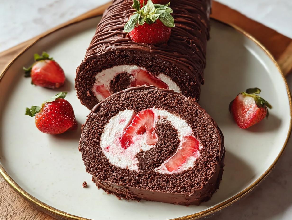 Decadent Chocolate Covered Strawberry Swiss Delicious - A whole chocolate covered strawberry swiss roll, ready to be sliced