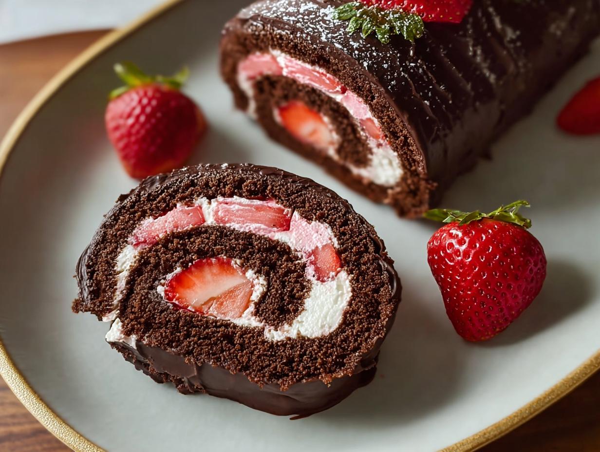 Decadent Chocolate Covered Strawberry Swiss Delicious - Close-up of a slice showing the chocolate cake, strawberry filling, and ganache swirl