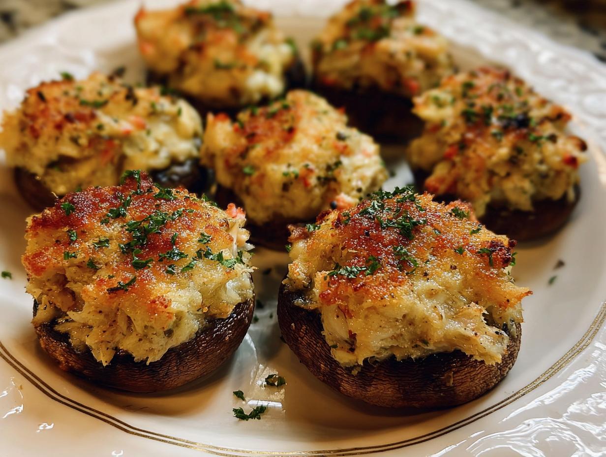 Crab Stuffed Mushrooms Appetizer - close-up of mushroom caps being prepared