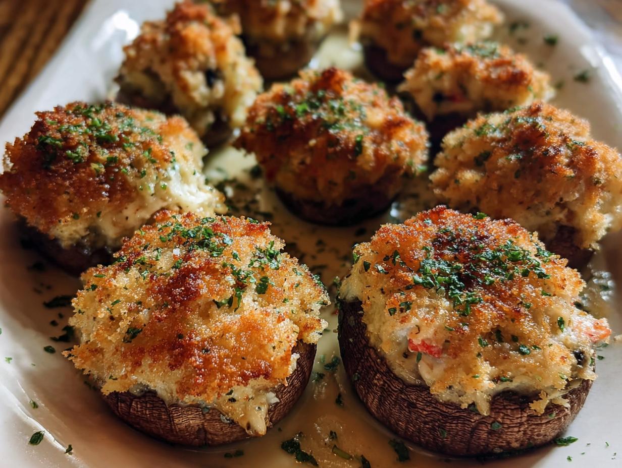Crab Stuffed Mushrooms Appetizer - a serving platter with several finished stuffed mushrooms