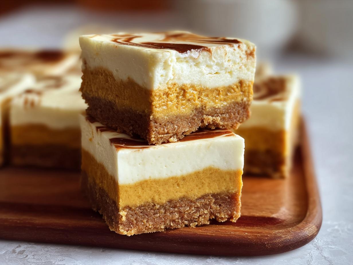 Divine Creamy Pumpkin Cheesecake Bars - Creamy Pumpkin Cheesecake Bars - sliced bars on a plate