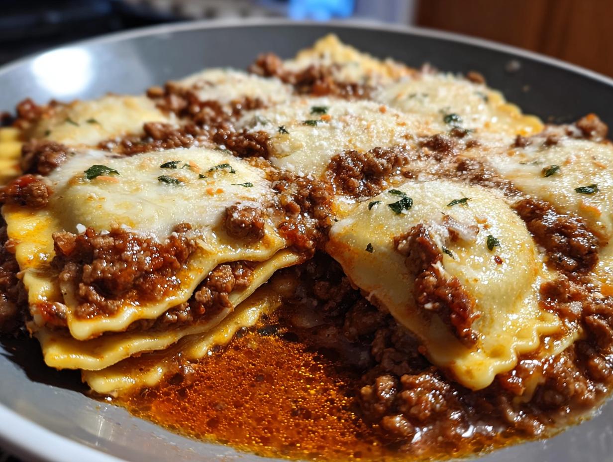 Crockpot Ravioli Lasagna Dinner - ingredients being layered in a slow cooker