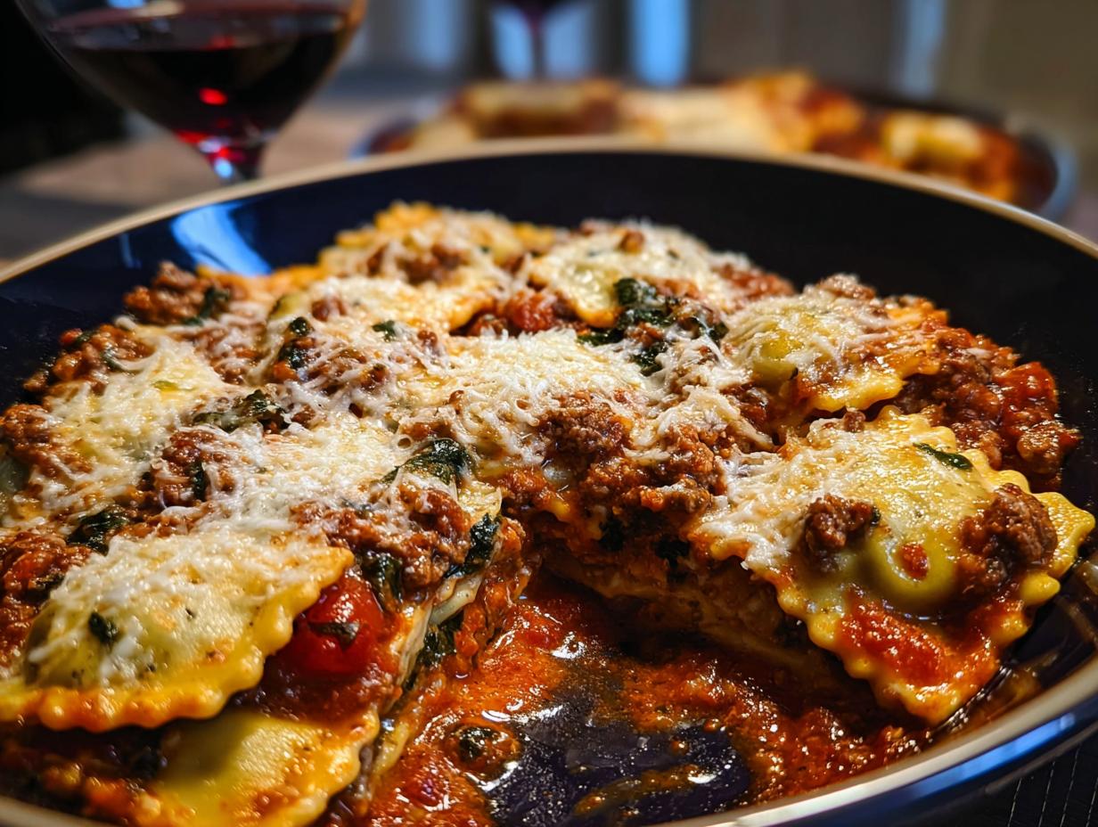 Close-up of a serving of Crockpot Ravioli Lasagna Dinner on a plate