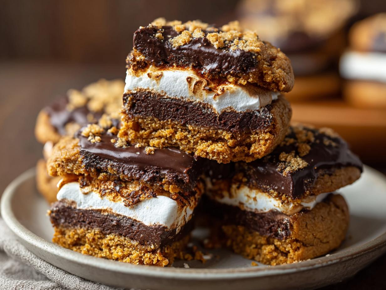 Vegan Pumpkin Smores Cookie - close-up of baked bars with melted chocolate and marshmallows