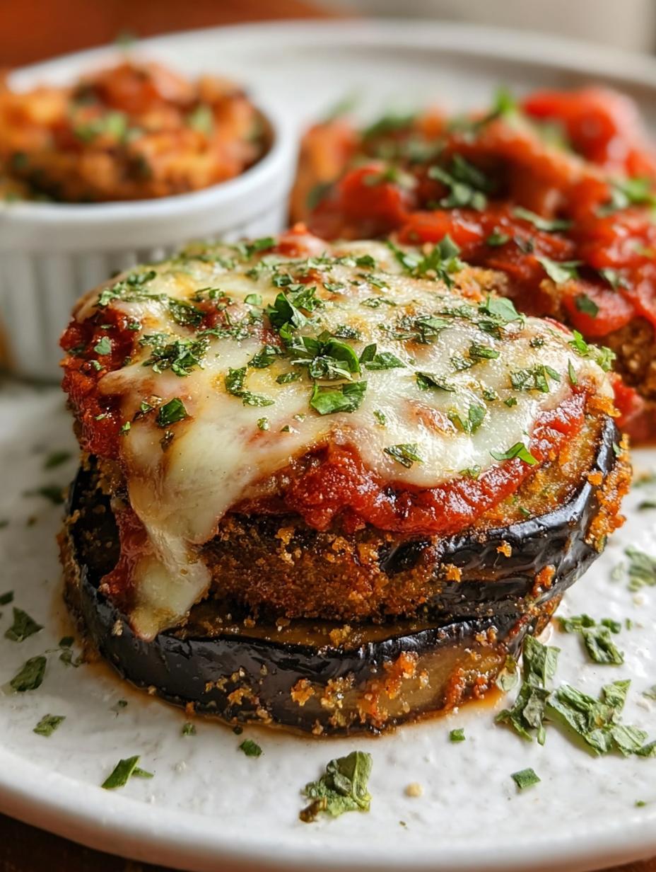 Deliciously golden and crispy Air Fryer Eggplant Parmesan layered with marinara and mozzarella