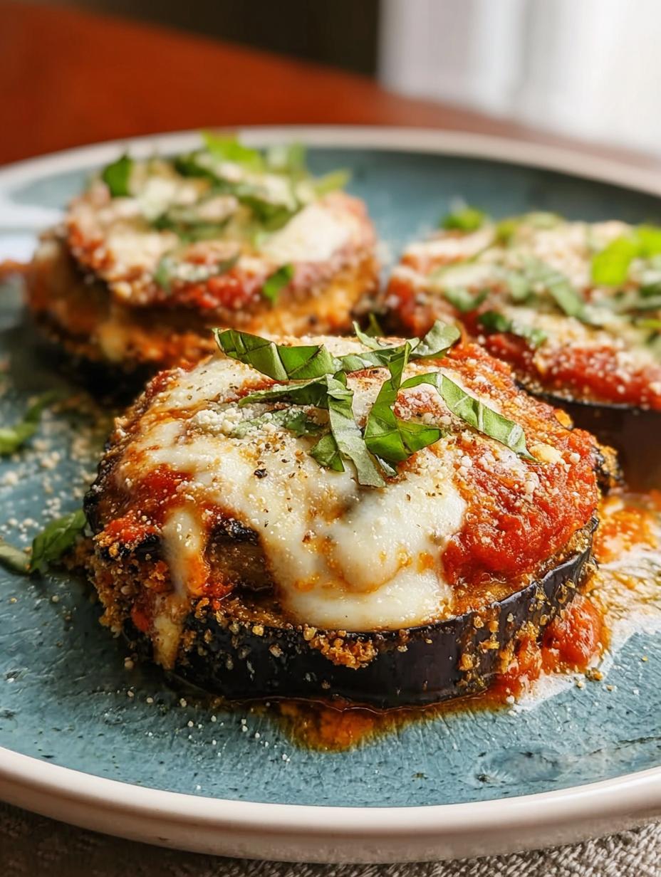 Close-up of a serving of Air Fryer Eggplant Parmesan, showing melted cheese and crispy edges