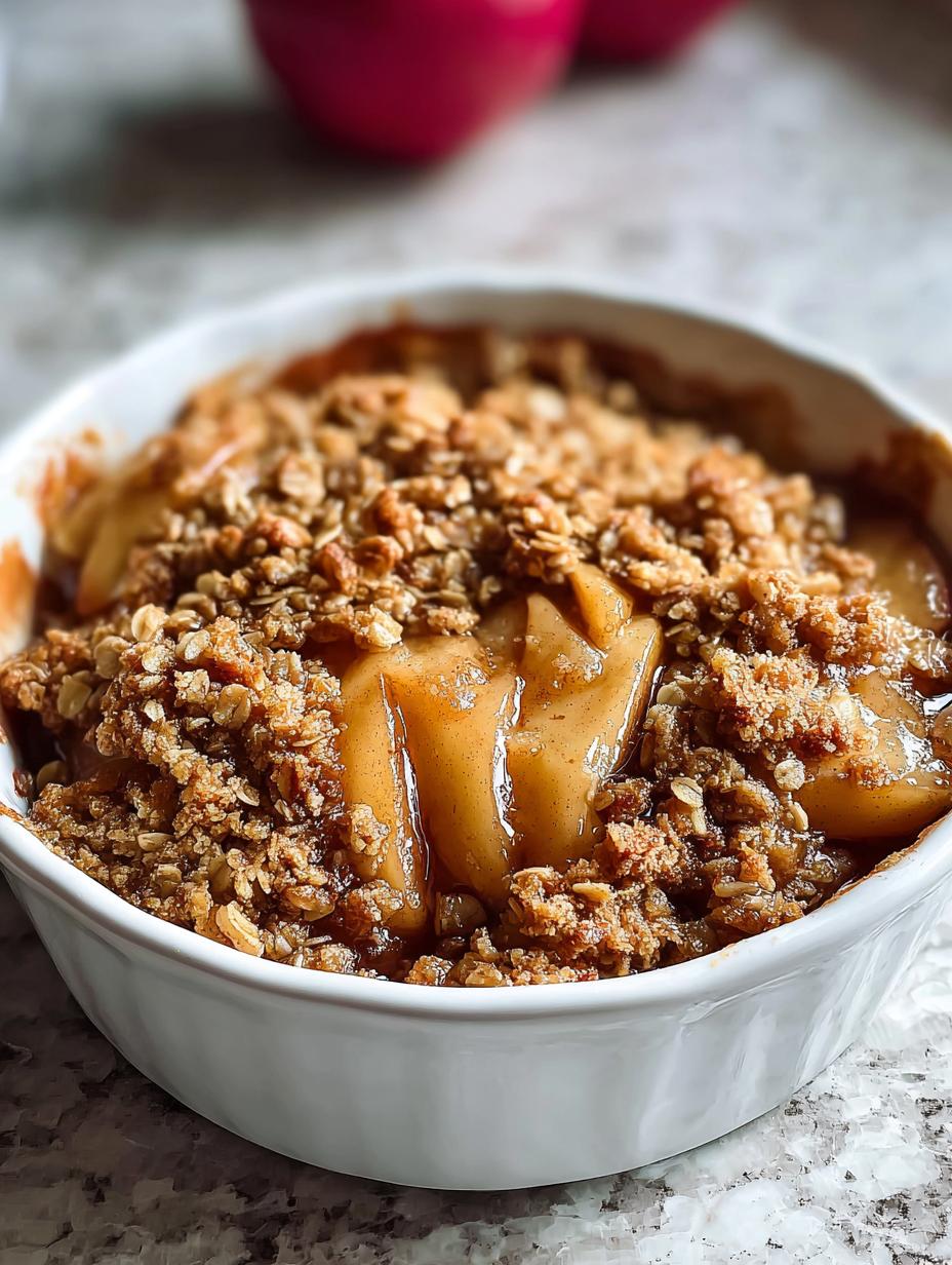Irresistible Apple Crisp Deliciously Dessert with golden brown topping and tender spiced apples in a baking dish