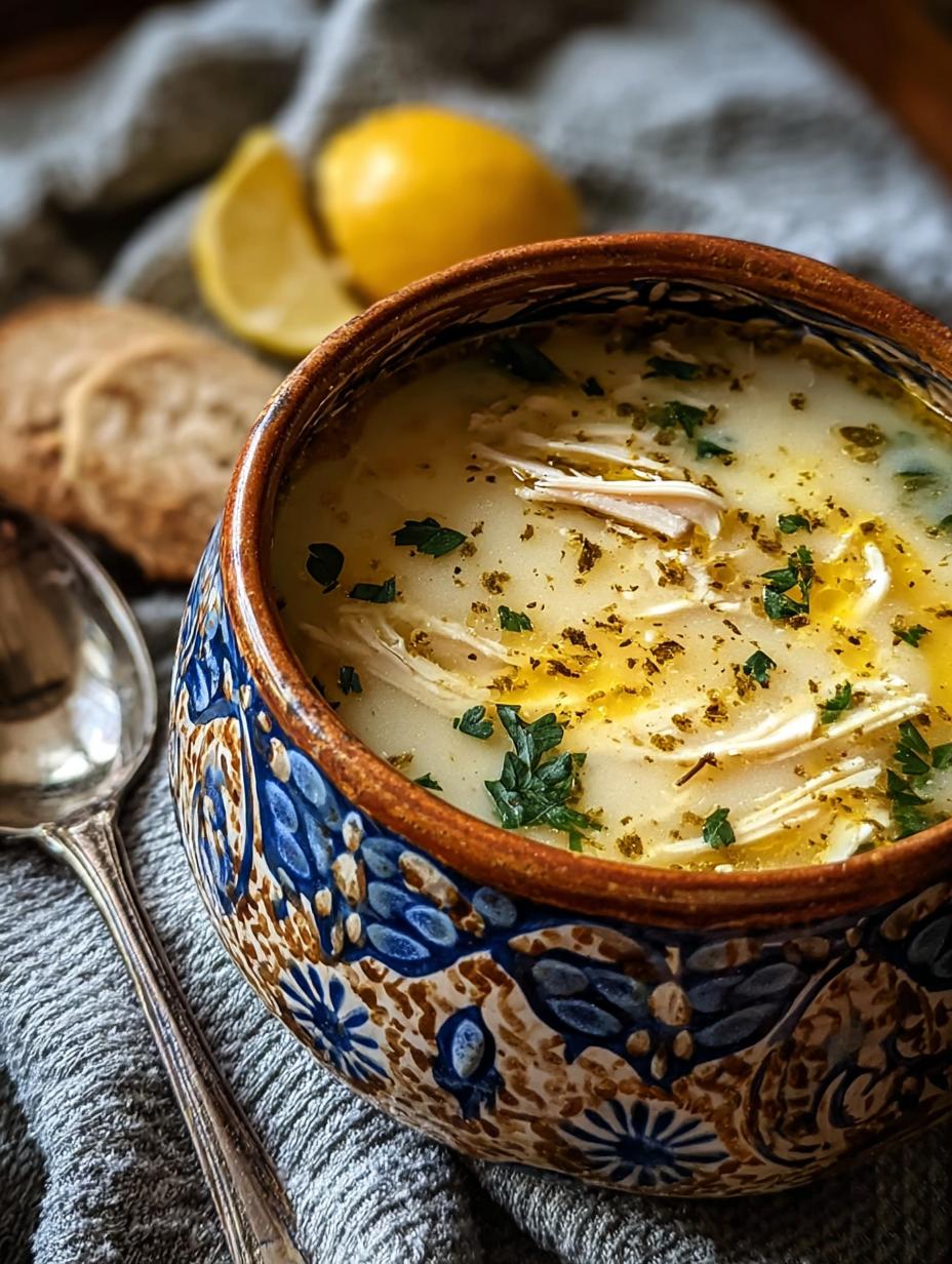 Close-up of creamy Avgolemono Soup Creamy Greek with rice and shredded chicken, garnished with fresh dill