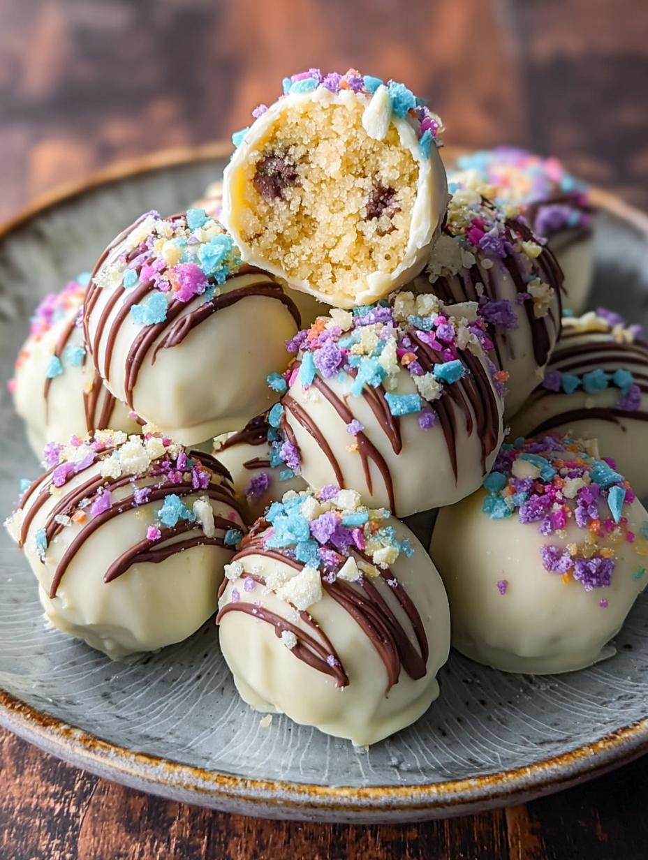 Delicious Bake Cake Batter Truffles with colorful sprinkles on a white plate, ready to be enjoyed as a sweet bite