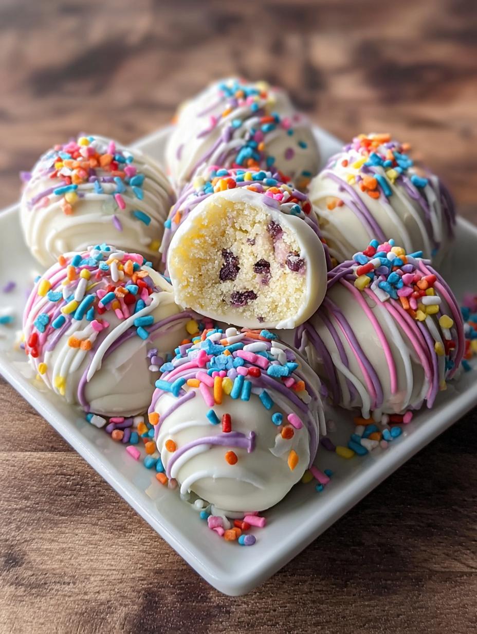 A close-up of several Bake Cake Batter Truffles, showing their colorful sprinkles and smooth coating, perfect for a sweet bite
