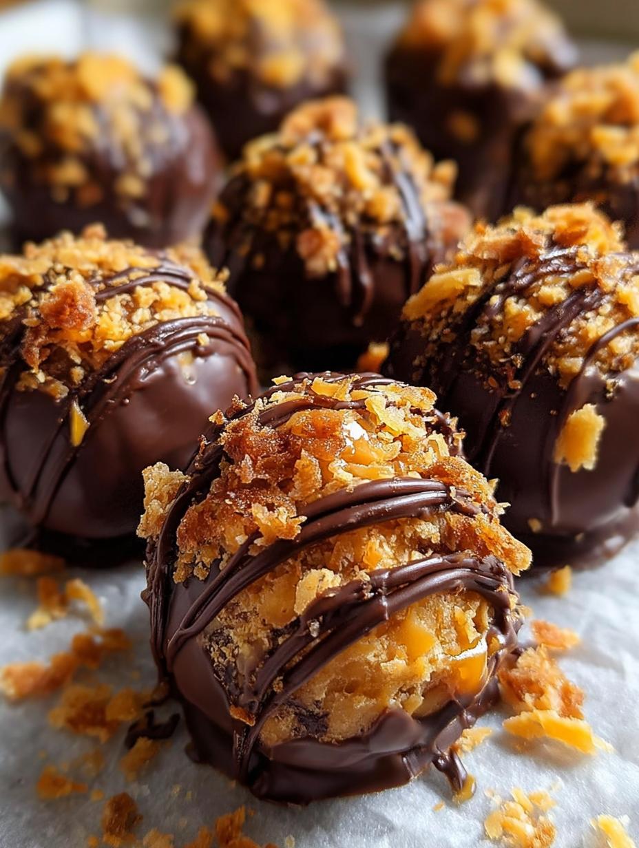 Close-up of a single Bake Caramel Crunch Butterfinger truffle, showcasing its rich chocolate coating, caramel drizzle, and visible Butterfinger crunch.