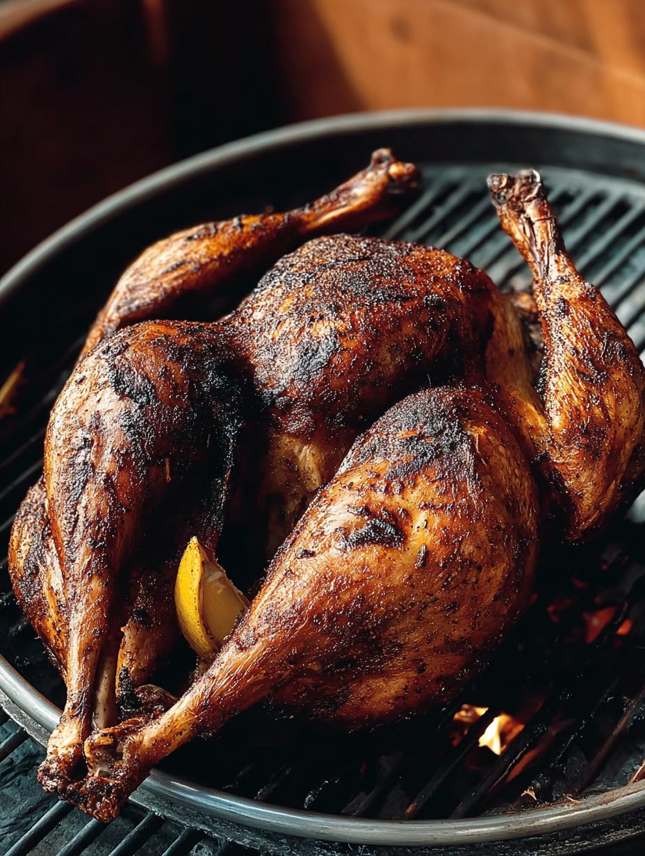Delicious Barbecue Spice Brined Grilled Turkey, golden brown and juicy, ready to be carved