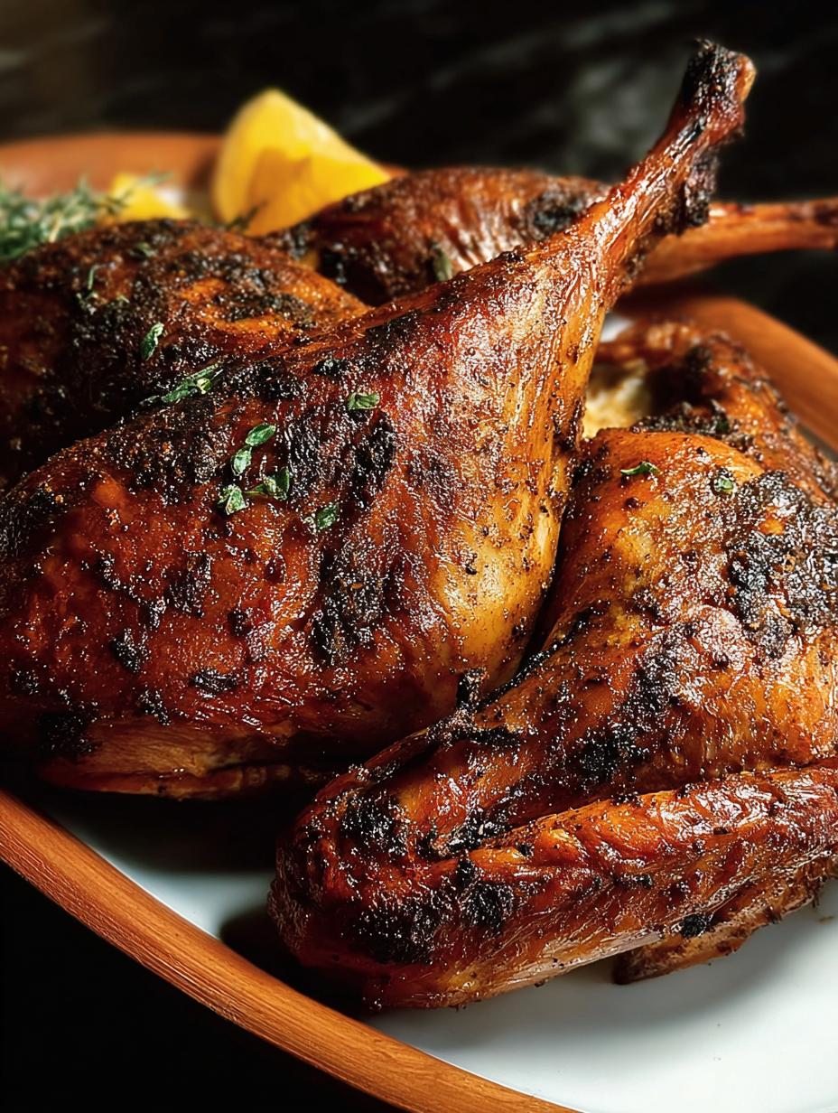 Close-up of perfectly grilled Barbecue Spice Brined Turkey skin, crispy and golden