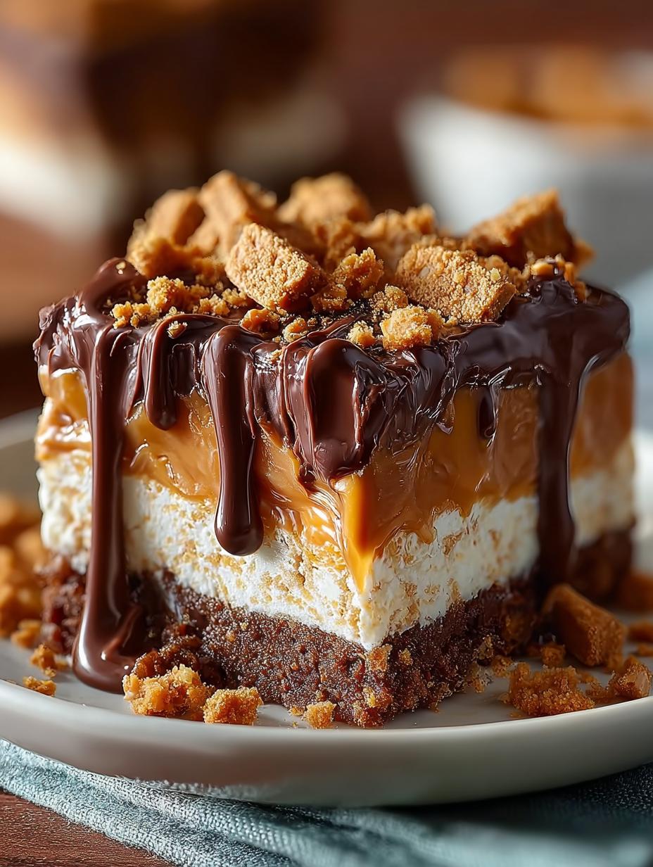 Irresistible Butterfinger Candy Bar Poke Cake with layers of creamy peanut butter and Butterfinger crunch