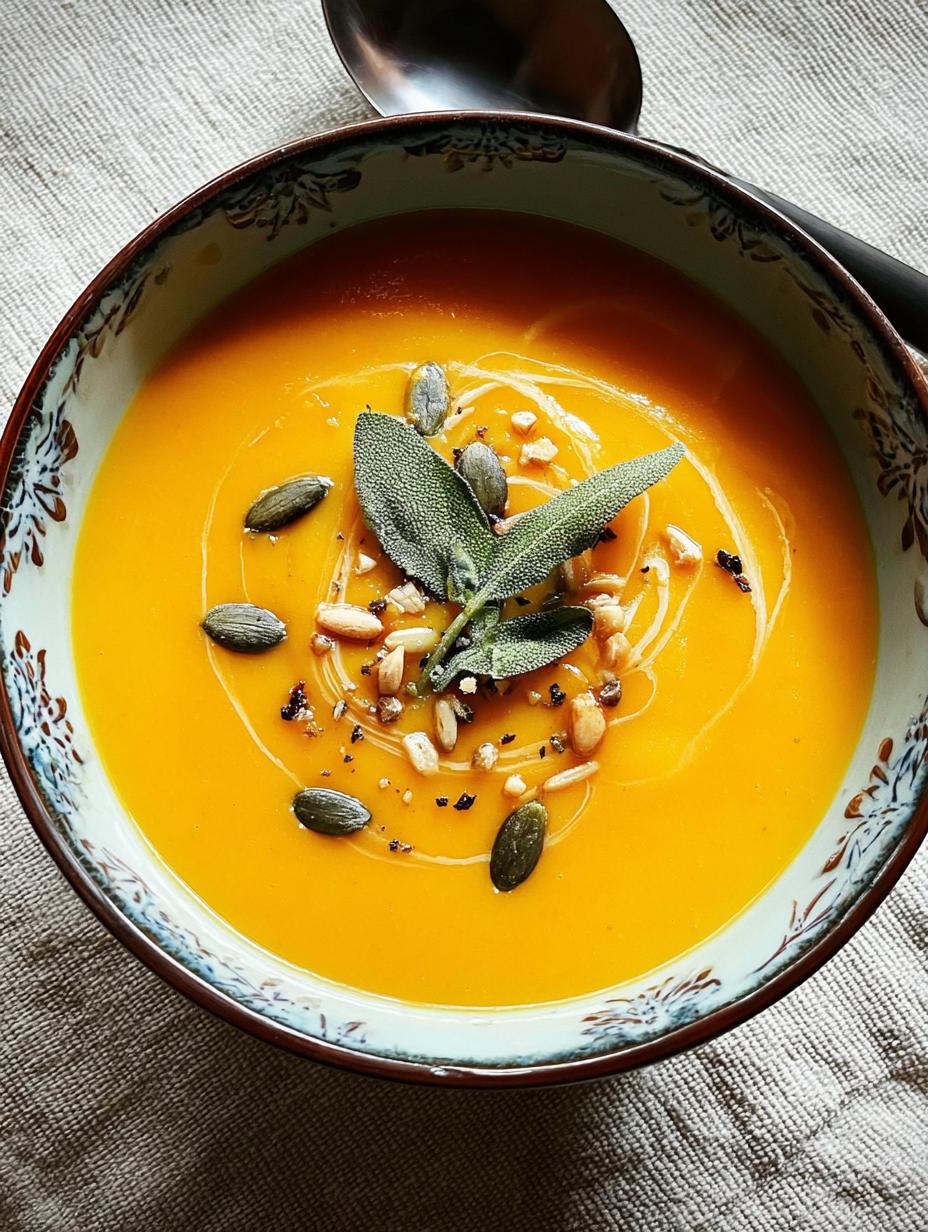 Close-up of creamy Butternut Squash Soup garnished with fresh herbs and a swirl of coconut cream