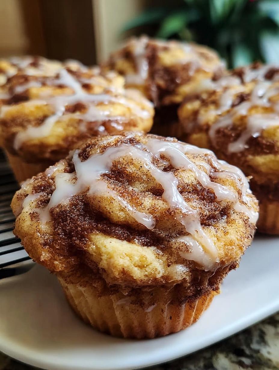 Close-up of a freshly baked Cinnamon Roll Muffin, showing the golden-brown top and visible cinnamon swirl inside, perfect for a quick breakfast.