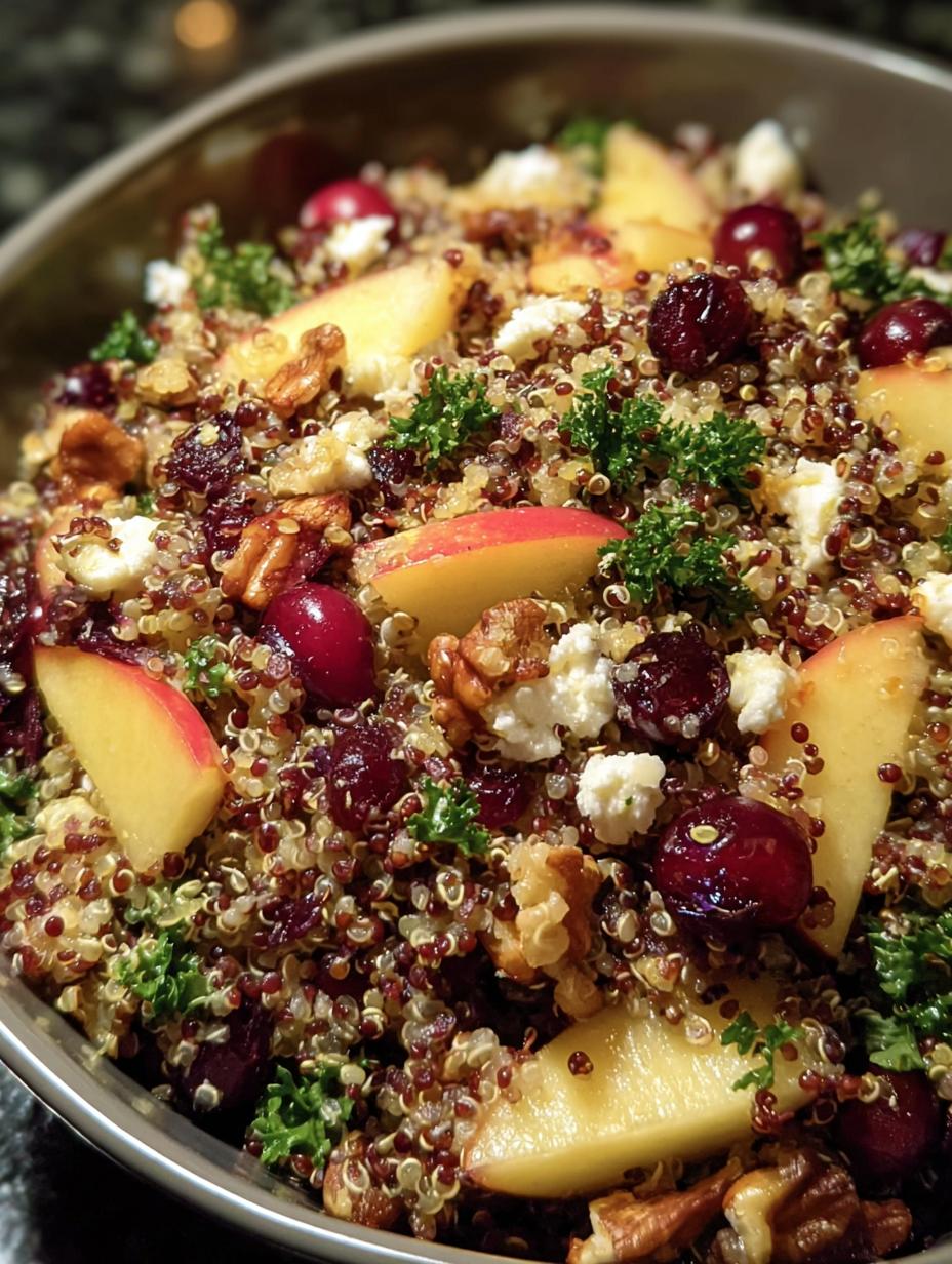 Vibrant Cranberry Apple Quinoa Salad in a white bowl, garnished with fresh herbs, ready to be served