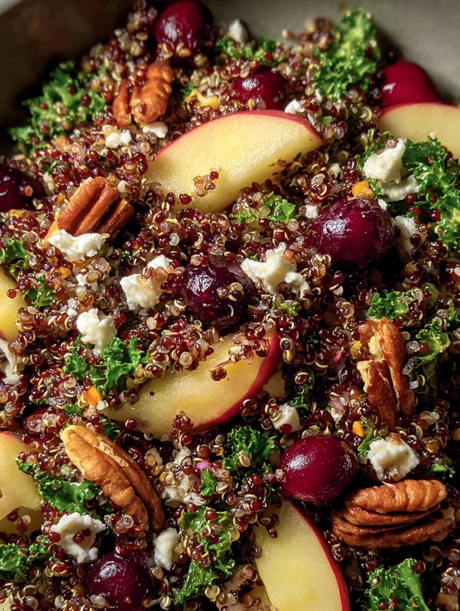 Close-up of Cranberry Apple Quinoa Salad showing fluffy quinoa, red cranberries, and green kale