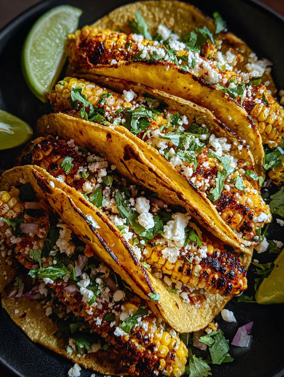 Close-up of Crazy Good Street Corn tacos with vibrant toppings and creamy sauce, ready to eat