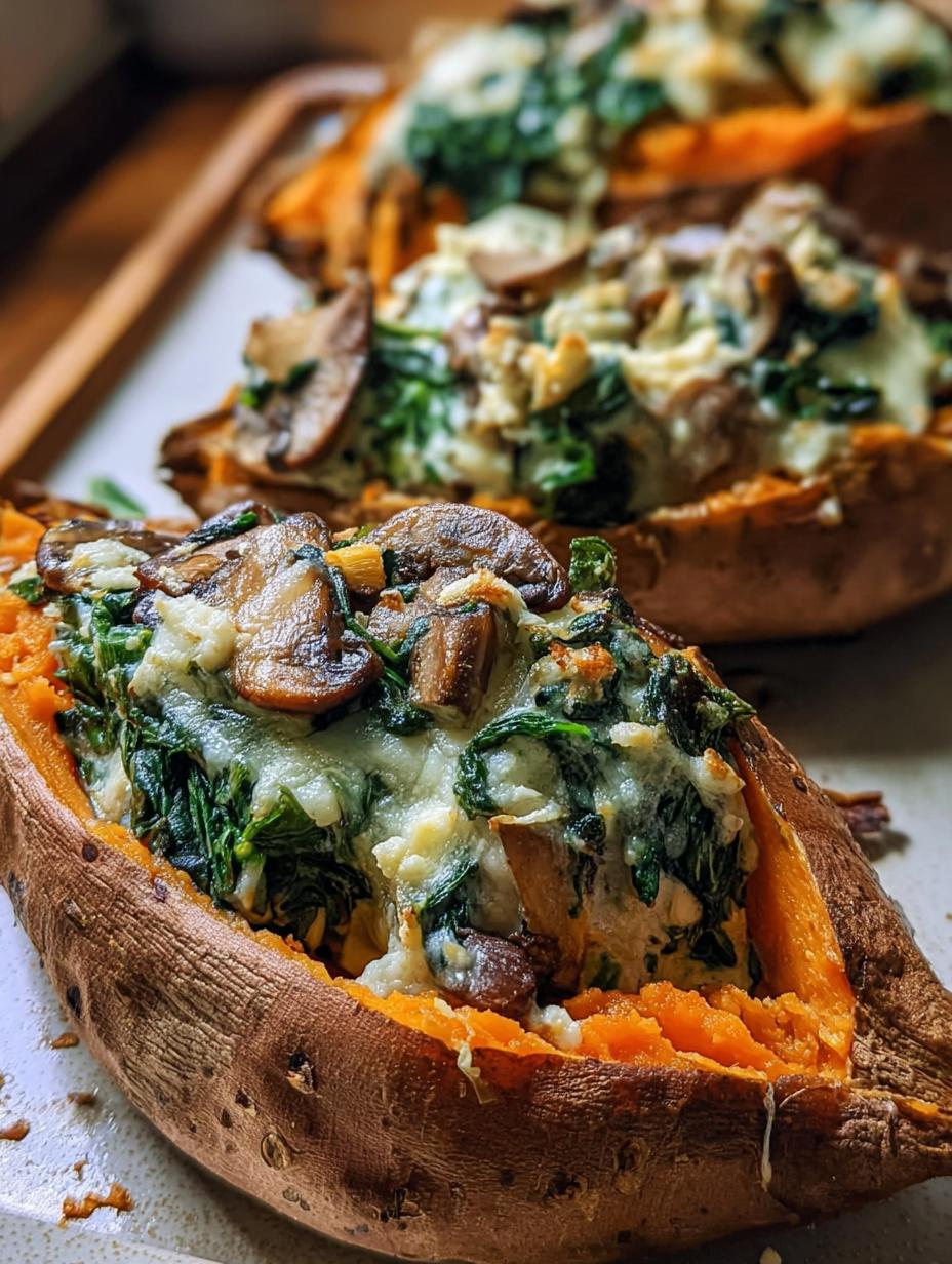 Close-up of Creamy Mushroom Spinach Stuffed Sweet Potato with golden cheese