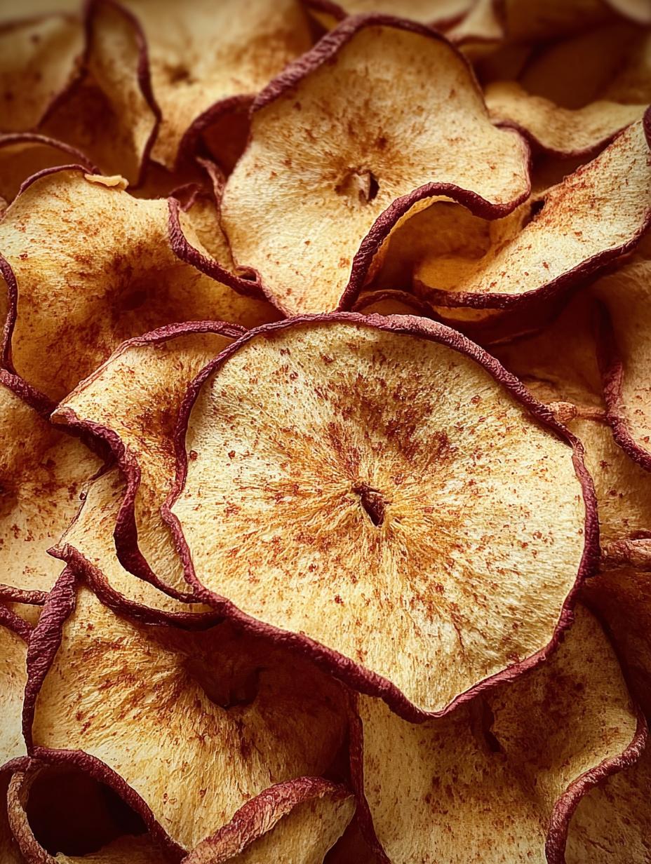 Close-up of perfectly baked Crispy Apple Chips with cinnamon, showing their thin, golden texture and inviting aroma