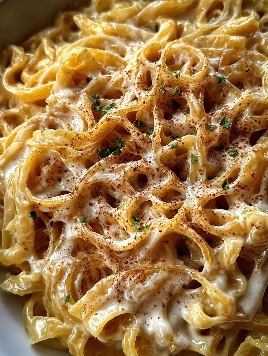 Close-up of creamy French Onion Pasta with melted Gruyère cheese and caramelized onions