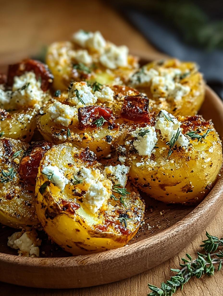 Close-up of a serving of Healthy Baked Feta Potatoes, showcasing the tender roasted potatoes, vibrant burst tomatoes, and creamy feta, garnished with fresh basil.