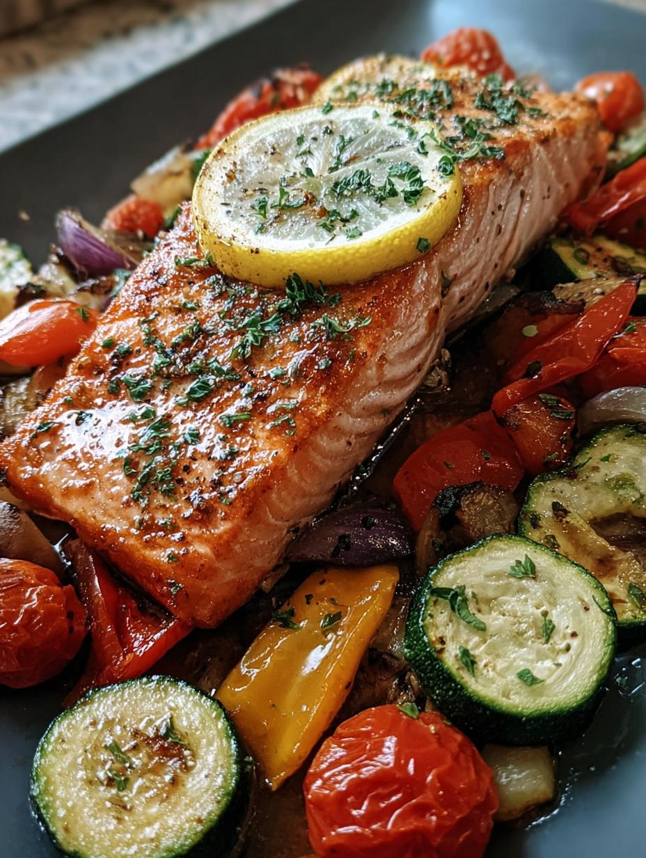 Close-up of perfectly cooked Honey Garlic Salmon Veggies with flaky salmon and vibrant roasted vegetables