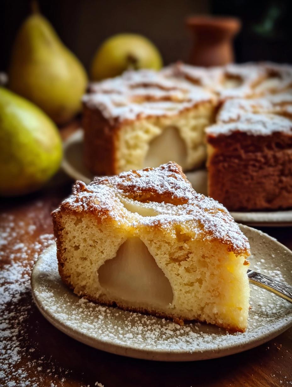 Delicious Italian Pear Cake with a perfect golden crust and powdered sugar dusting, ready to be served