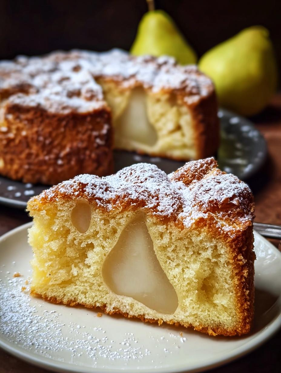 Close-up of a slice of Italian Pear Cake showing the moist crumb and tender pear pieces