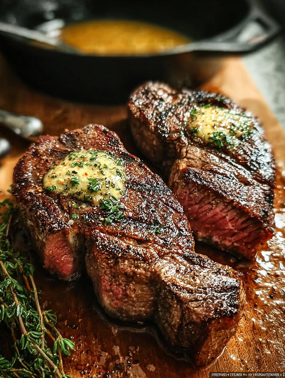 Close-up of perfectly cooked Juicy Oven Baked Steaks, sliced and drizzled with pan sauce, garnished with fresh thyme.