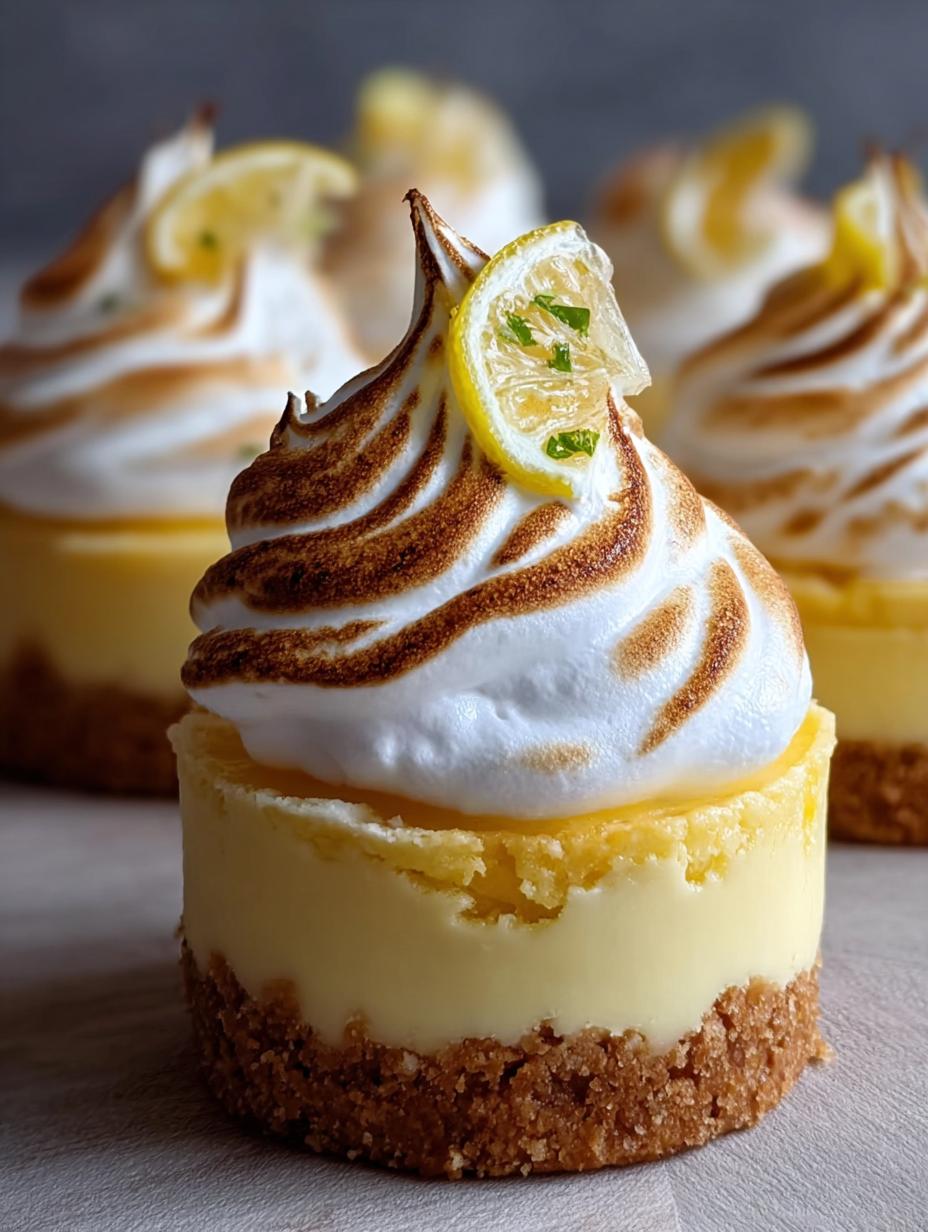 Delicious individual Lemon Meringue Cheesecakes with toasted meringue topping, ready to serve