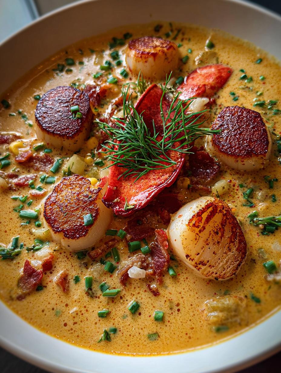 Unforgettable Lobster Scallop Chowder Creamy: 4 Servings - A close-up of a bowl of rich, creamy lobster scallop chowder garnished with fresh dill and a lemon wedge, ready to be enjoyed.