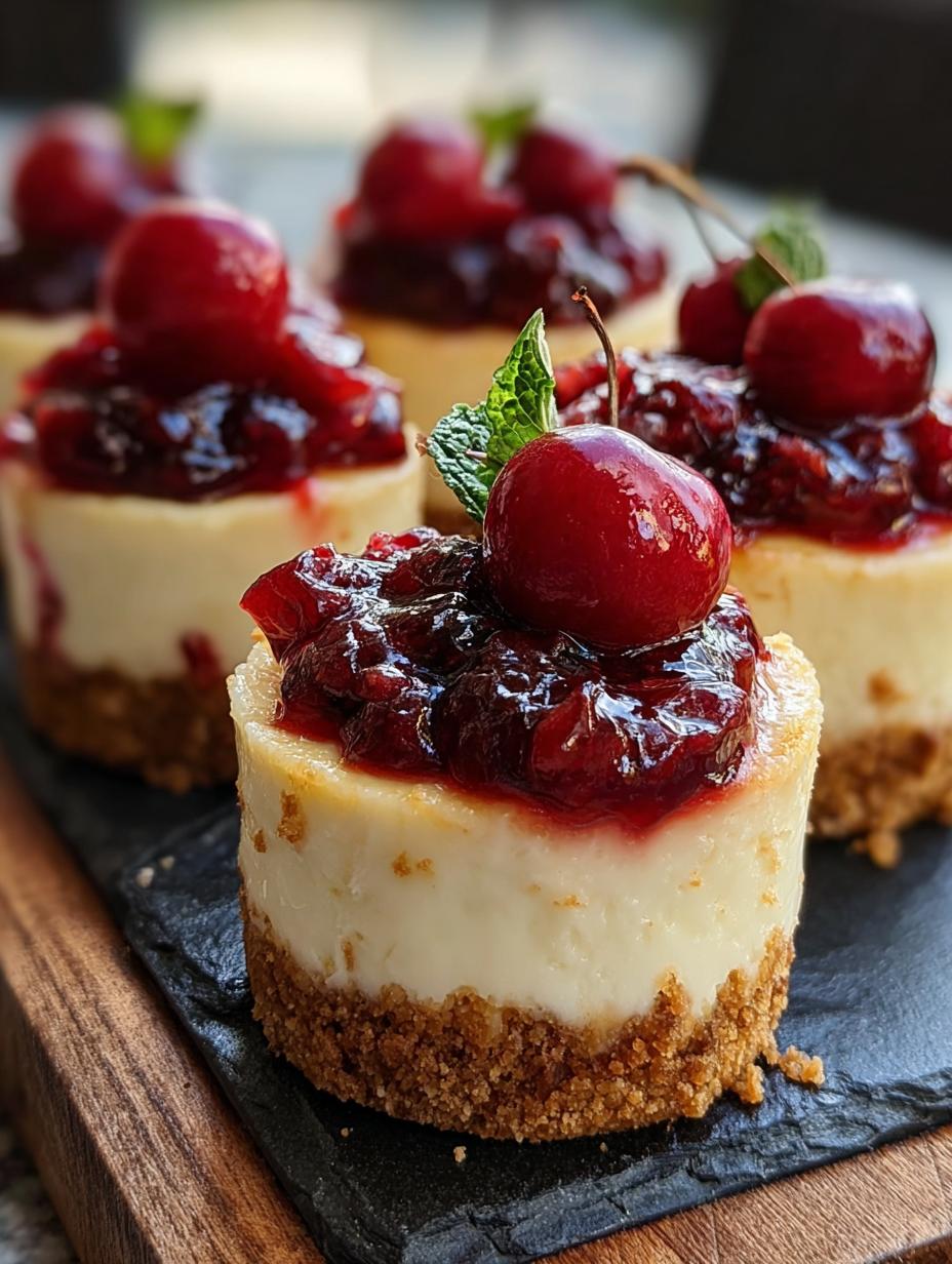 Close-up of a Mini Cherry Cheesecake Delightful with a perfect crust and creamy filling, ready to be enjoyed