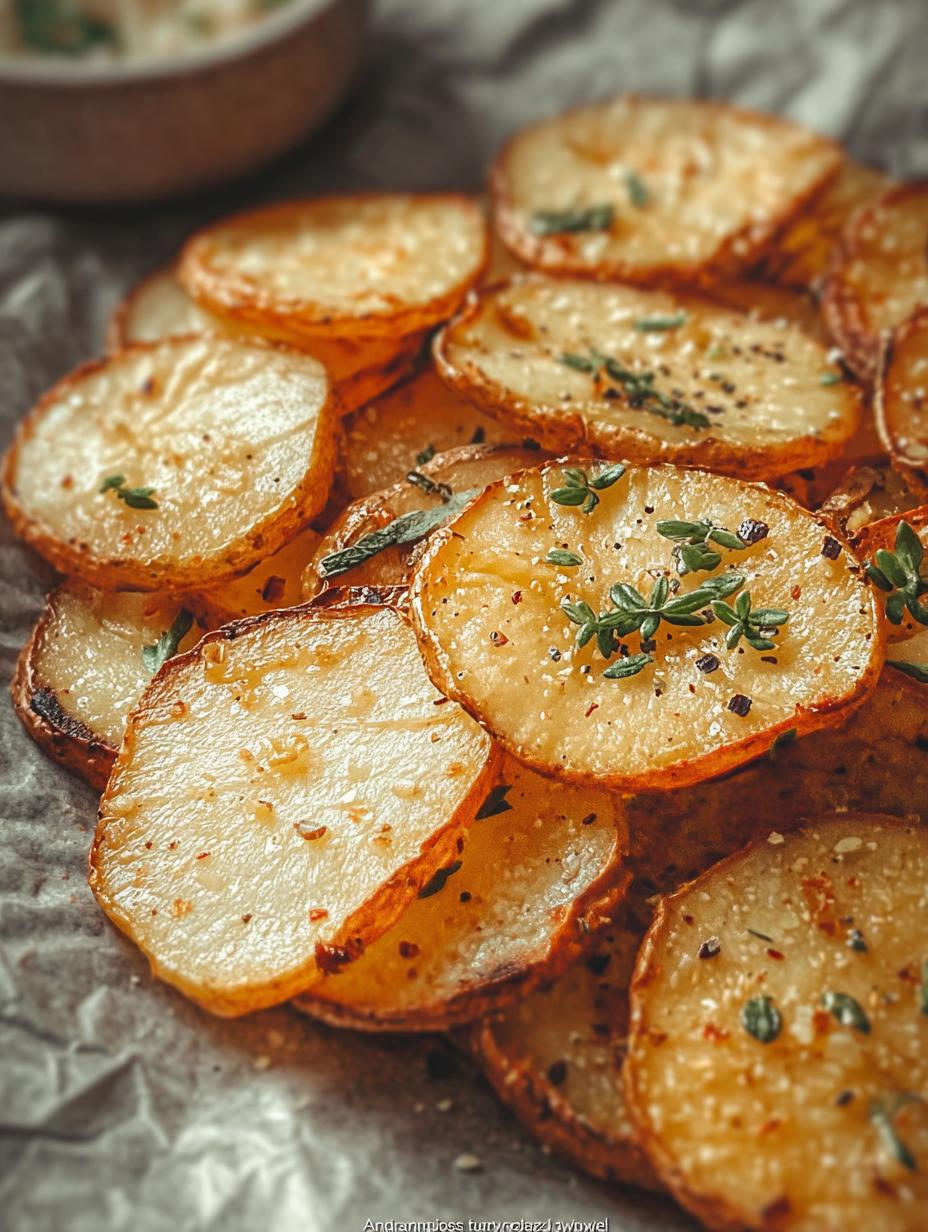 Close-up of golden brown Oven Baked Potato Slices garnished with fresh parsley