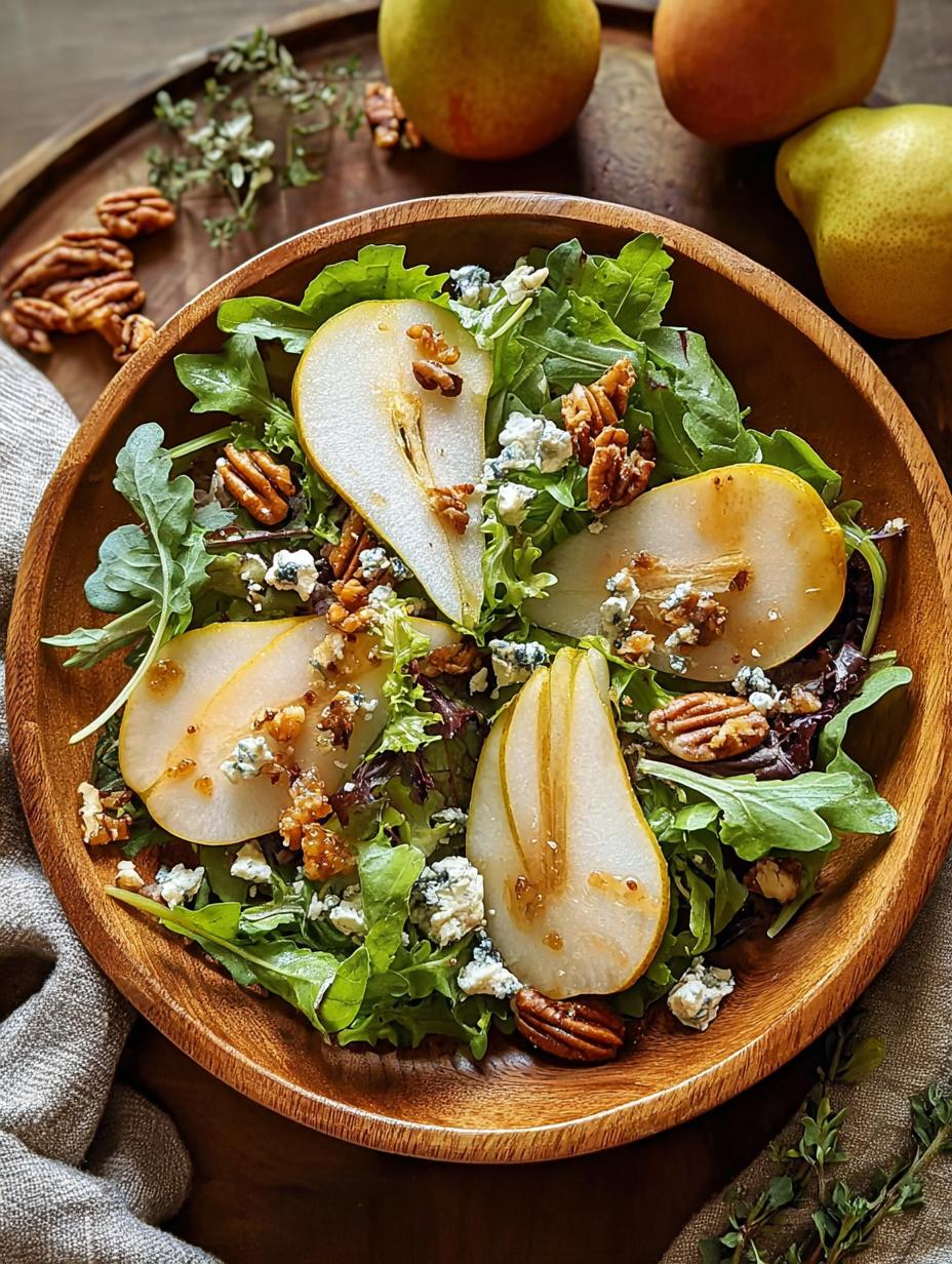 Close-up of a vibrant Pear Salad with seared pears, crumbled blue cheese, and pumpkin seeds on a bed of fresh greens