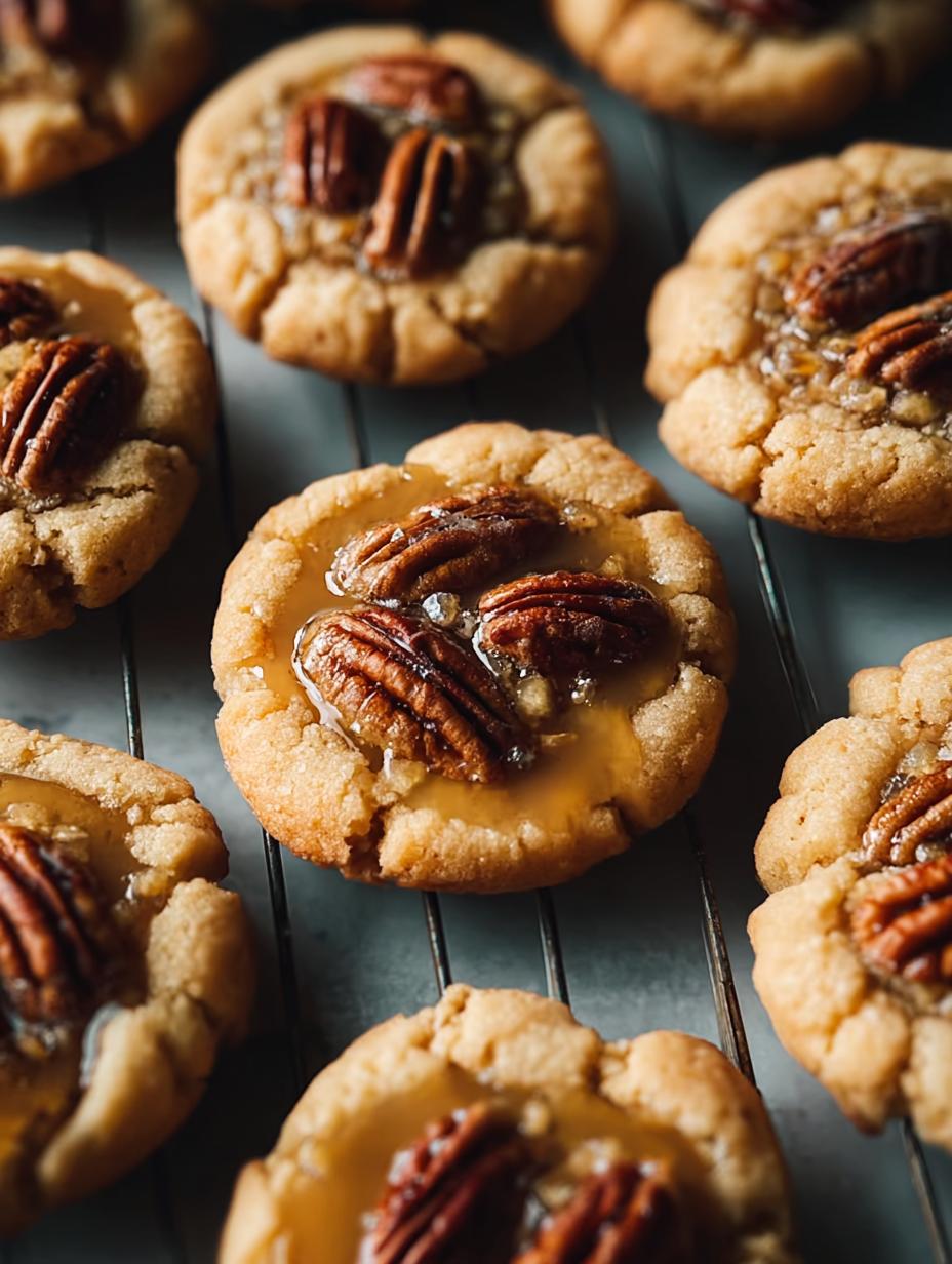 A close-up of a single Pecan Pie Thumbprint Cookie, showing the rich, golden shortbread and the glistening, gooey pecan filling in the center.