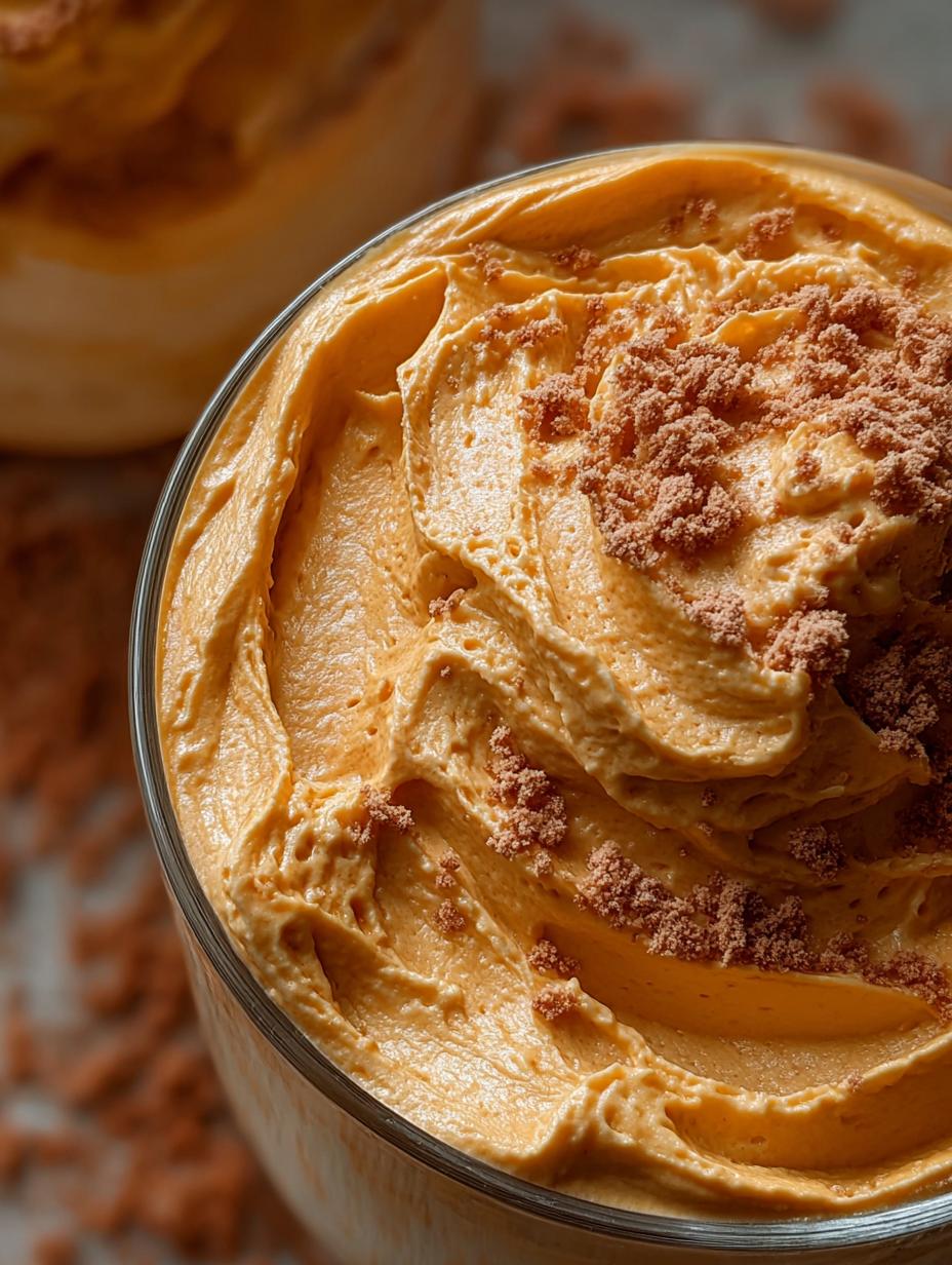 Close-up of creamy Pumpkin Cottage Cheese Mousse in a glass, garnished with whipped cream and chopped pecans, highlighting its rich texture