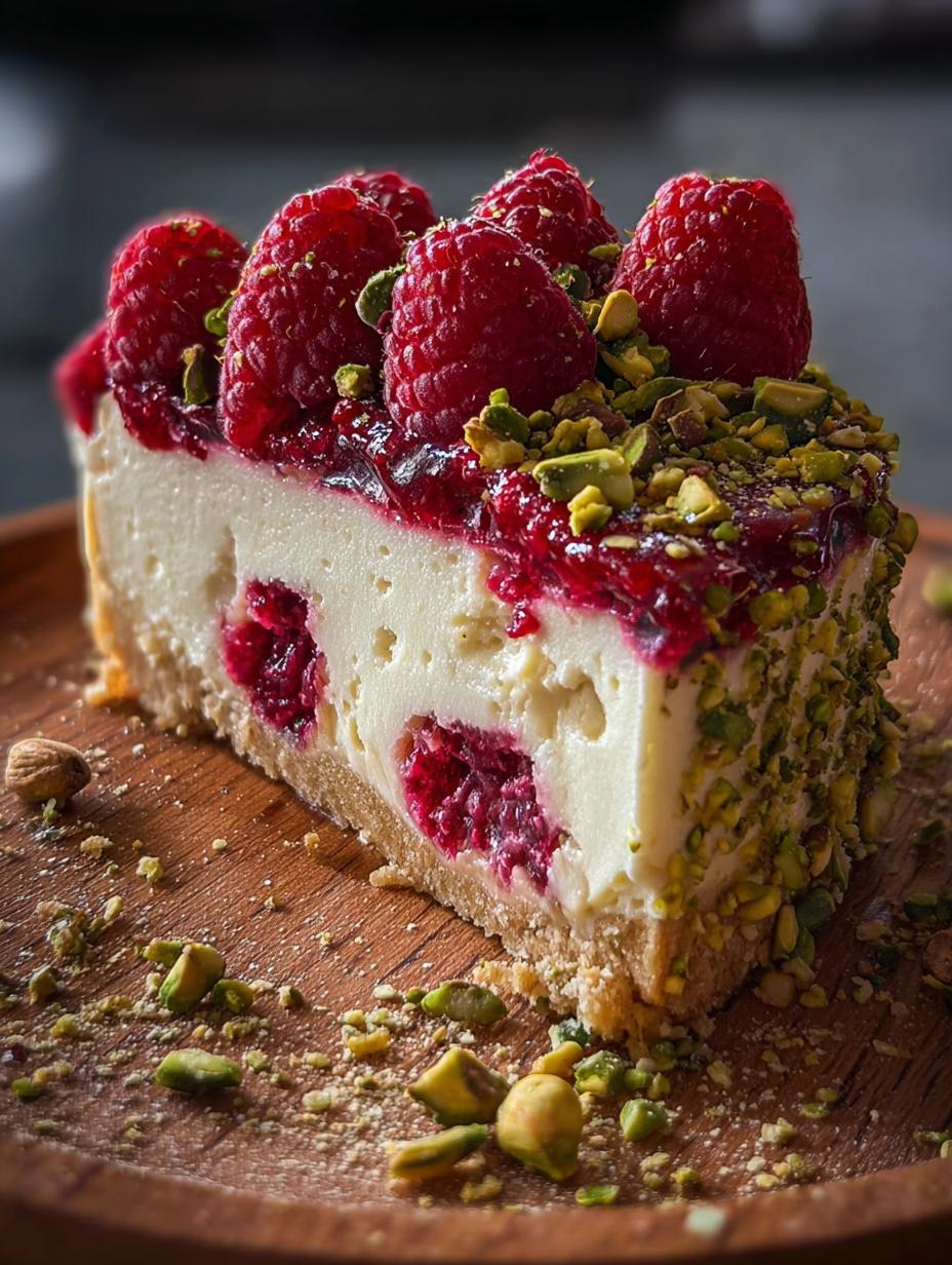 Close-up of a slice of Raspberry Pistachio Cheesecake Delight with garnishes