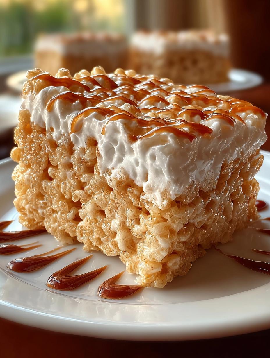 Irresistible Rice Krispy Treat Bake ready to serve with whipped cream and treats on top