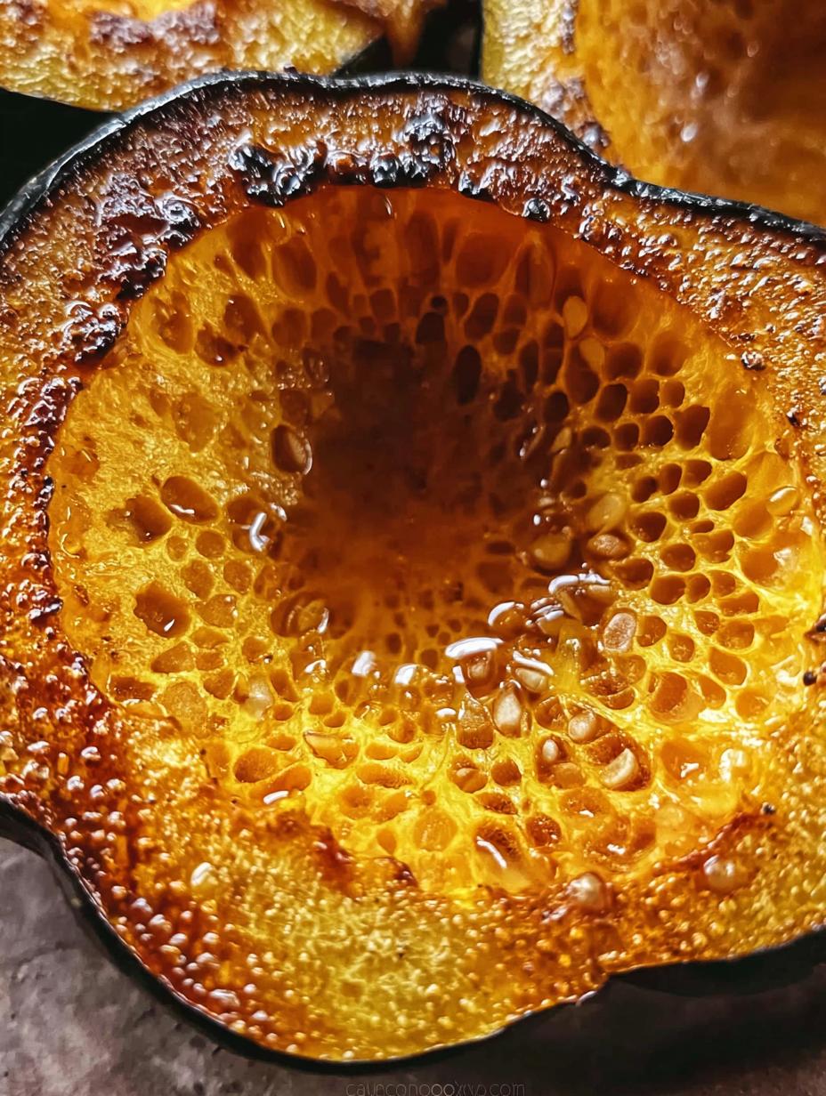 Close-up of a perfectly roasted acorn squash half, showing tender flesh and caramelized edges