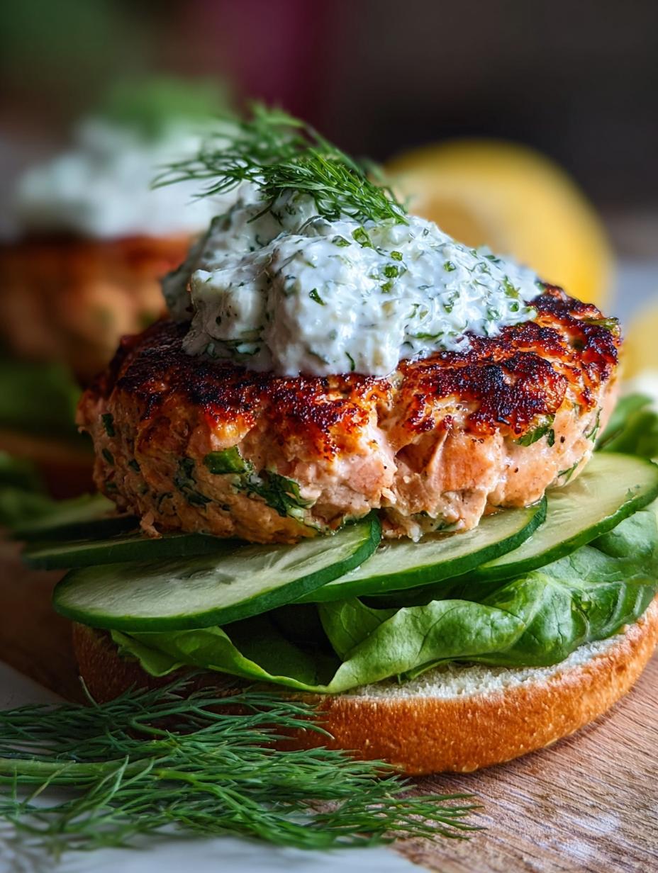 Close-up of a perfectly cooked Salmon Burger Tzatziki patty with golden crust