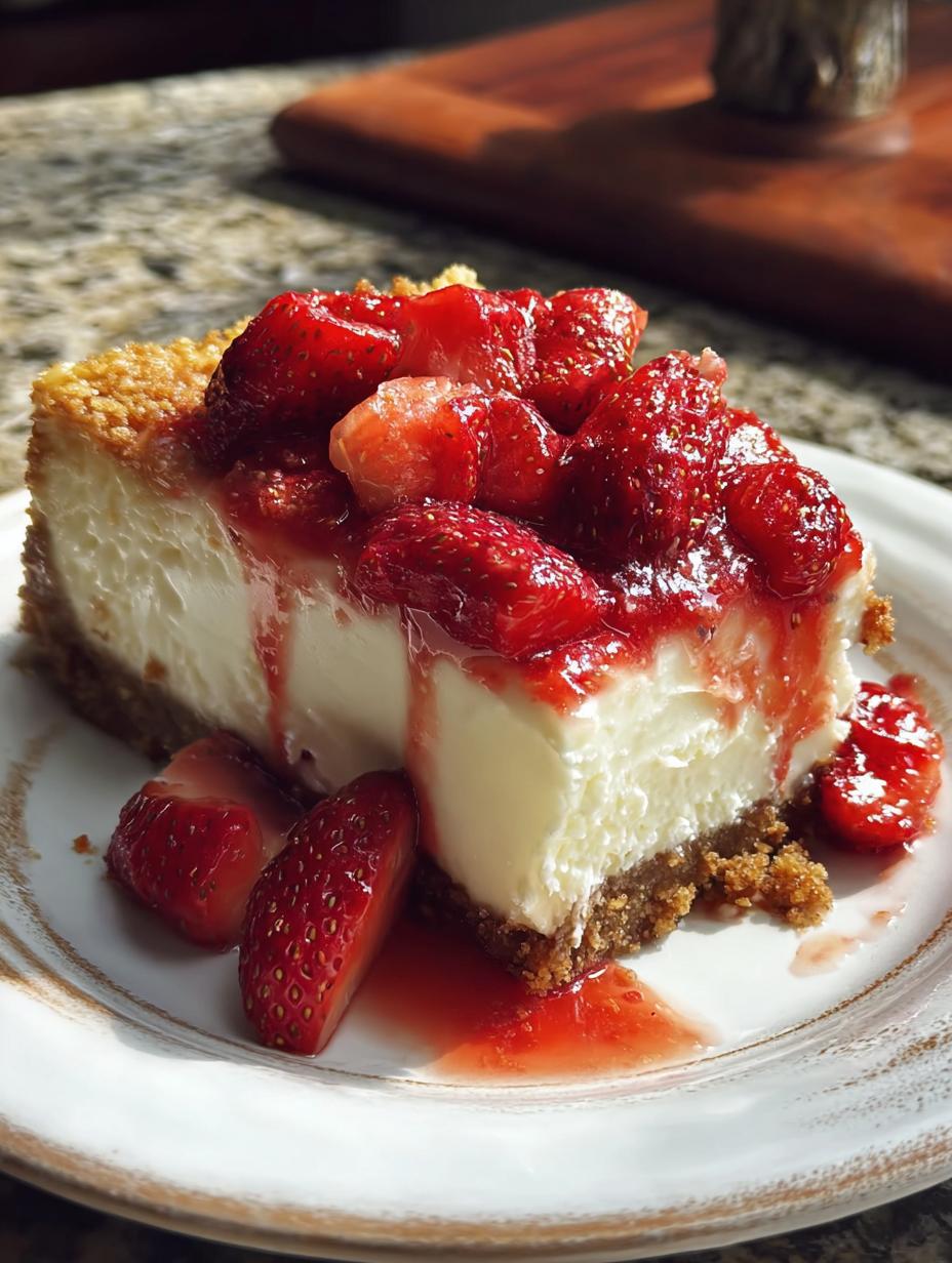 Delicious Strawberry Cheesecake Dessert with fresh strawberries and a creamy filling on a white plate